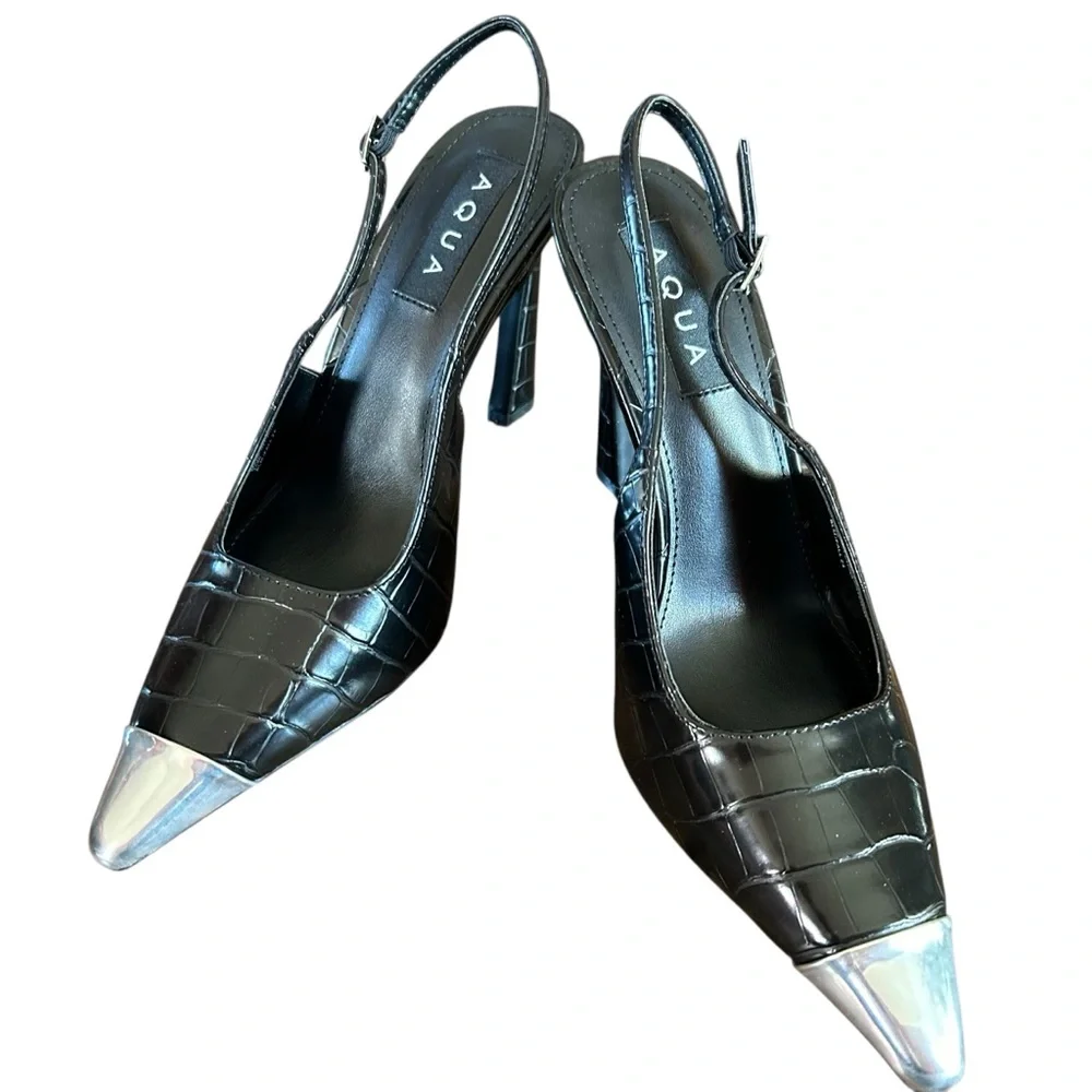 AQUA Bevv Leather Croc Embossed Slingback Pointed Toe Pumps in Black NEW 7.5